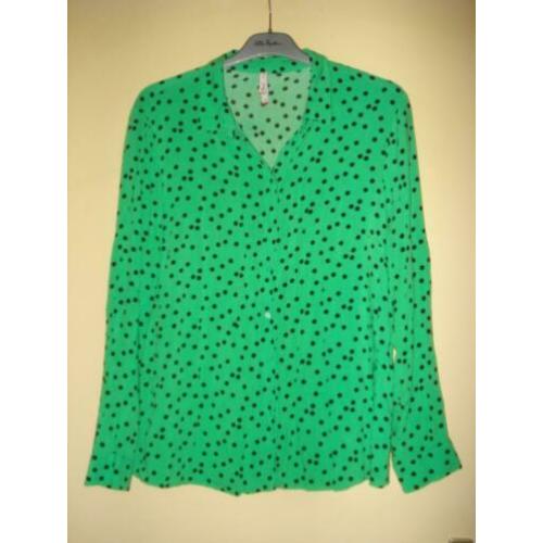 Miss Etam retro groen / zwarte polkadot blouse maat 46