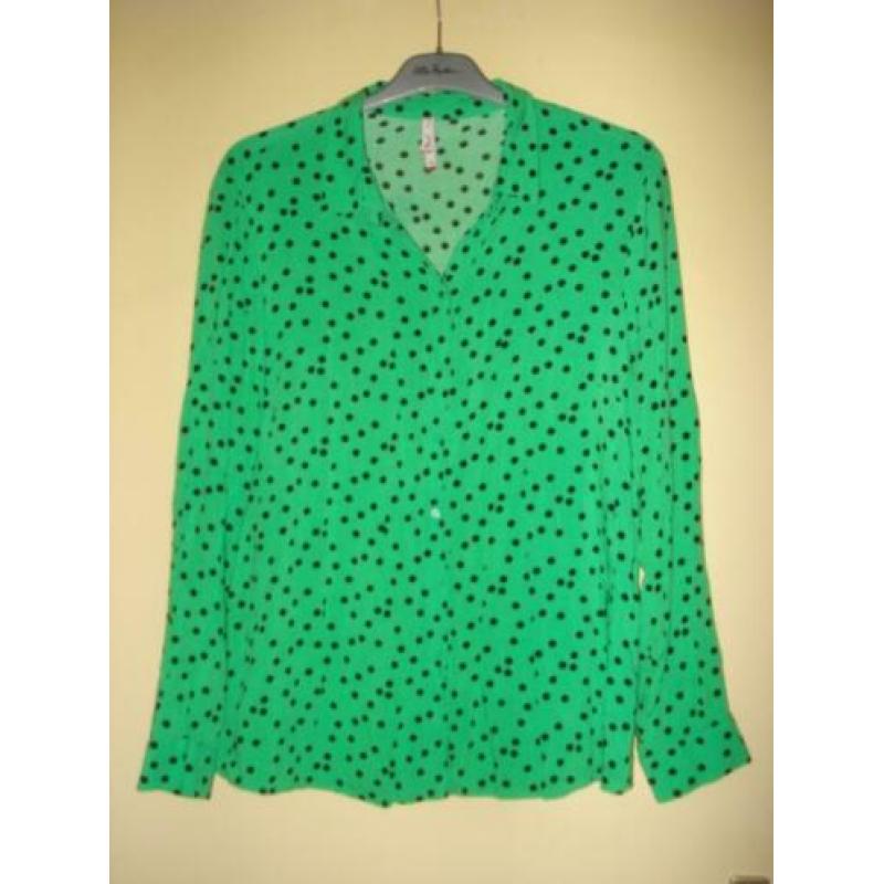 Miss Etam retro groen / zwarte polkadot blouse maat 46