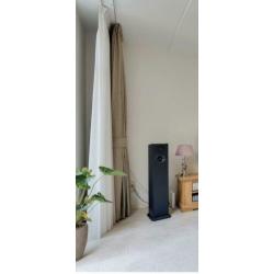 Gordijnen taupe/beige, kamerhoog, embrasses, ruim 5 mtr