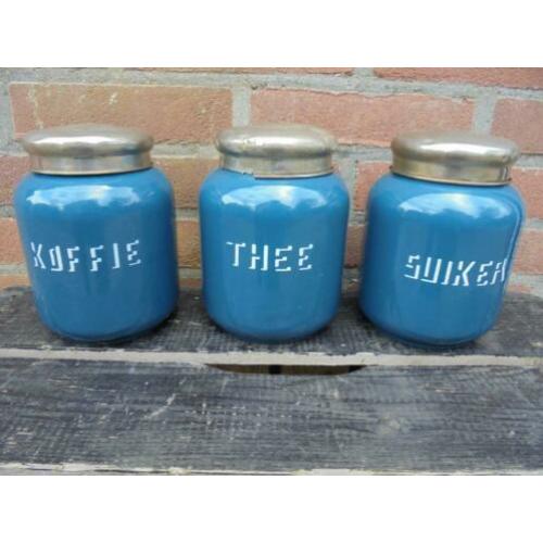 petrol blauw koffie thee suikerbussen, aparte lettertype