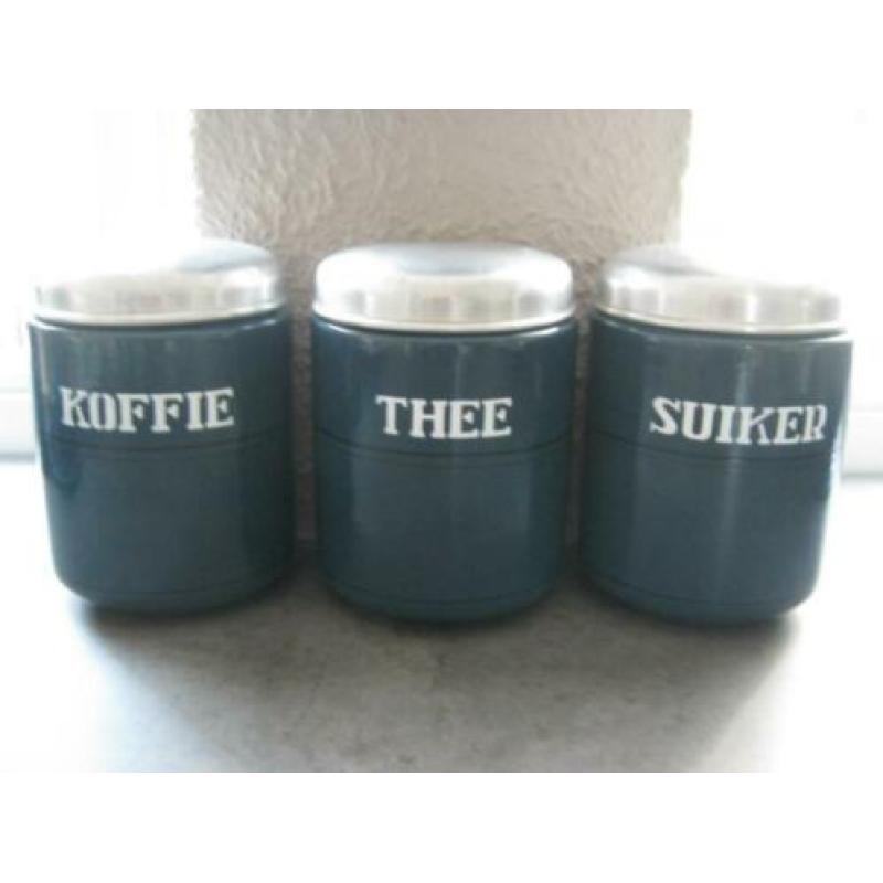 petrol blauw koffie thee suikerbussen, aparte lettertype