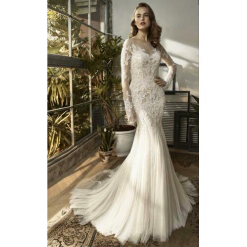 Trouwjurk enzoani met mouwen 38/40 bohemian ivoor tule