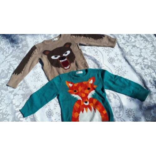 2 dunnen h&m dieren truien maat 98 104 - beer en vos